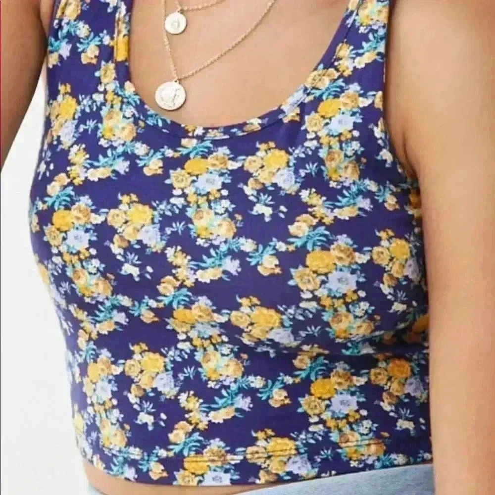 🆕Forever 21 Blue Floral Print KNIT Crop-Top L🆕